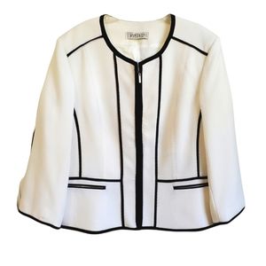 Kasper White Black Piping Collarless Zip Front Textured Contrast Jacket